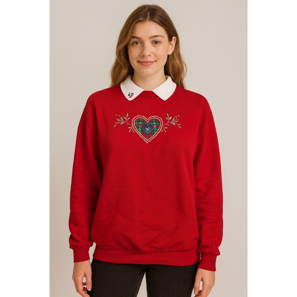 TOP STITCH by Morning Sun Sweatshirt Womens M Red Heart Plaid Embroidered Collar
